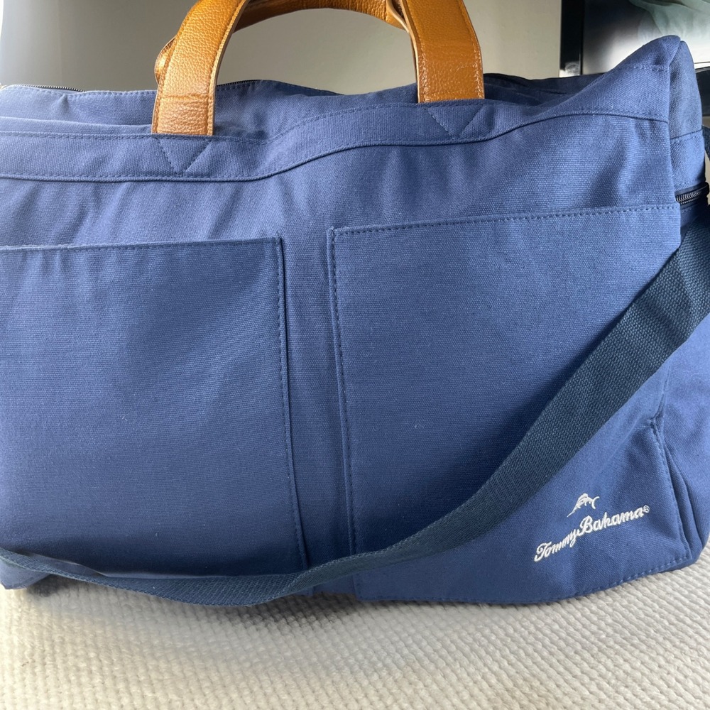 Tommy Bahama Mens Navy Blue Canvas Duffel Weekender Bag with Tan Accents